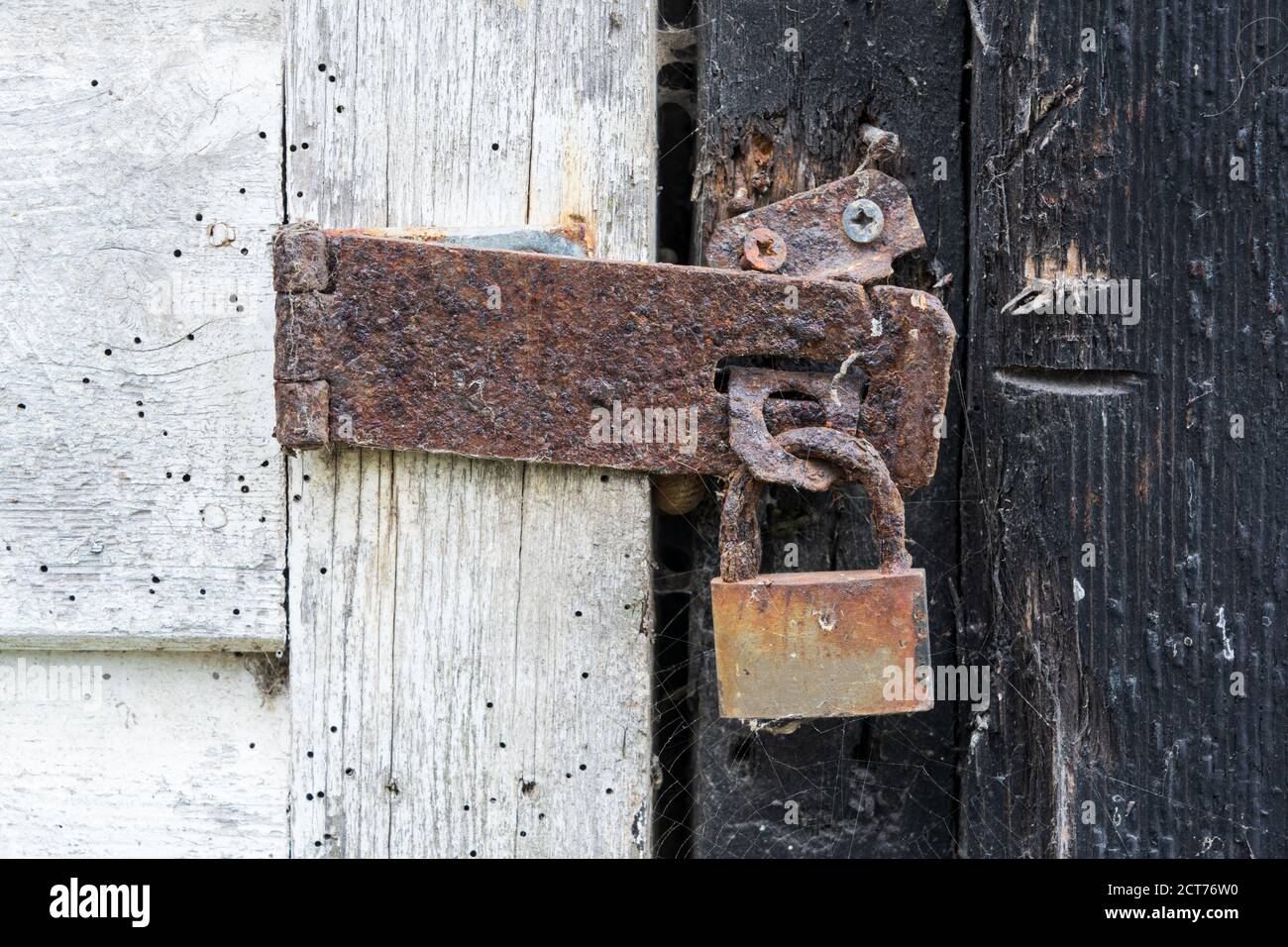 Rostiger Vorhängeschloss an einer alten Holztür mit abblätternder Farbe. VEREINIGTES KÖNIGREICH. Stockfoto