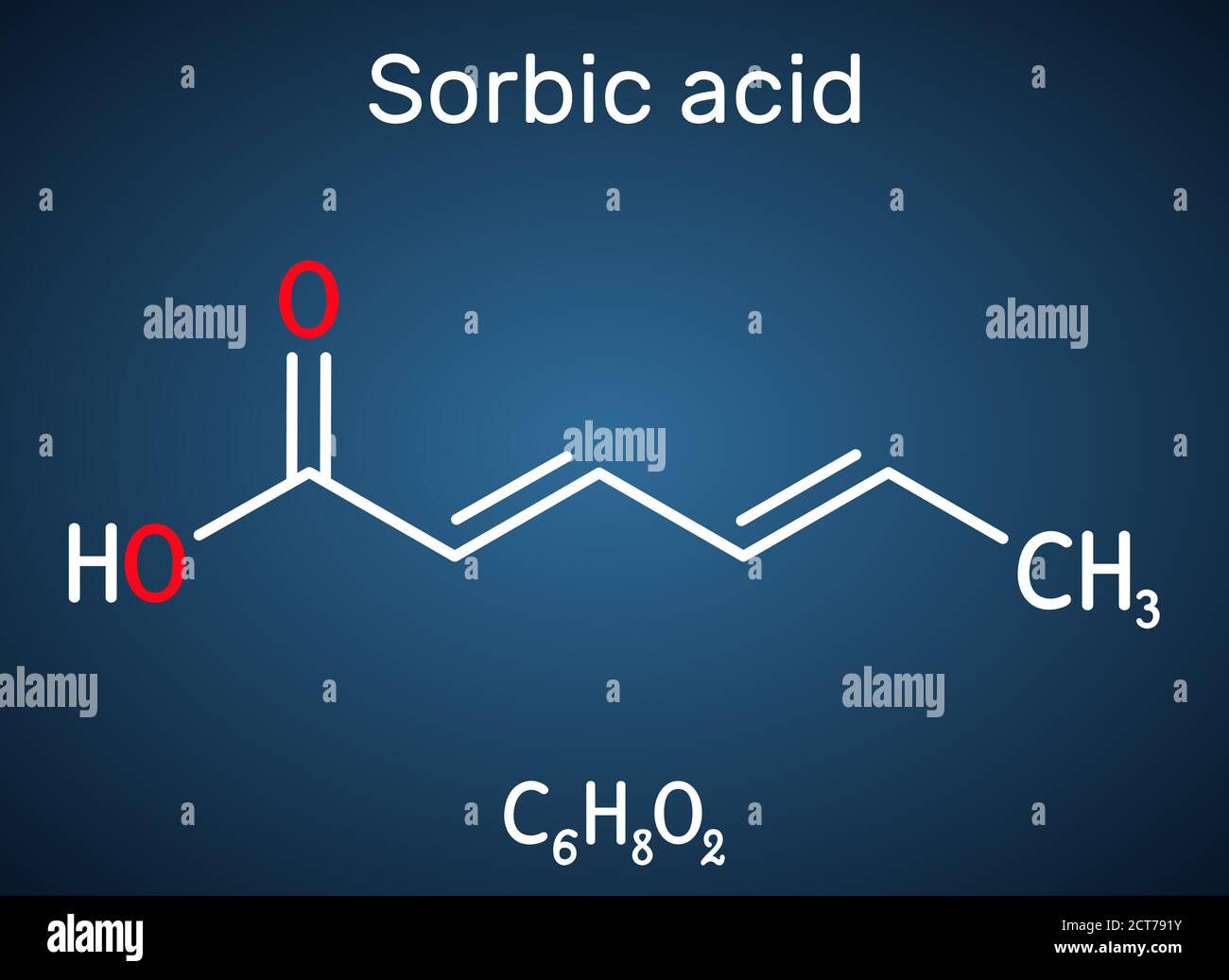 Sorbinsäure, 2,4-Hexadiensäure, E200-Molekül. Es ist hexadienoische und mehrfach ungesättigte Fettsäure. Es ist Konjugatsäure von Sorbat. Strukturelle Chemie Stock Vektor