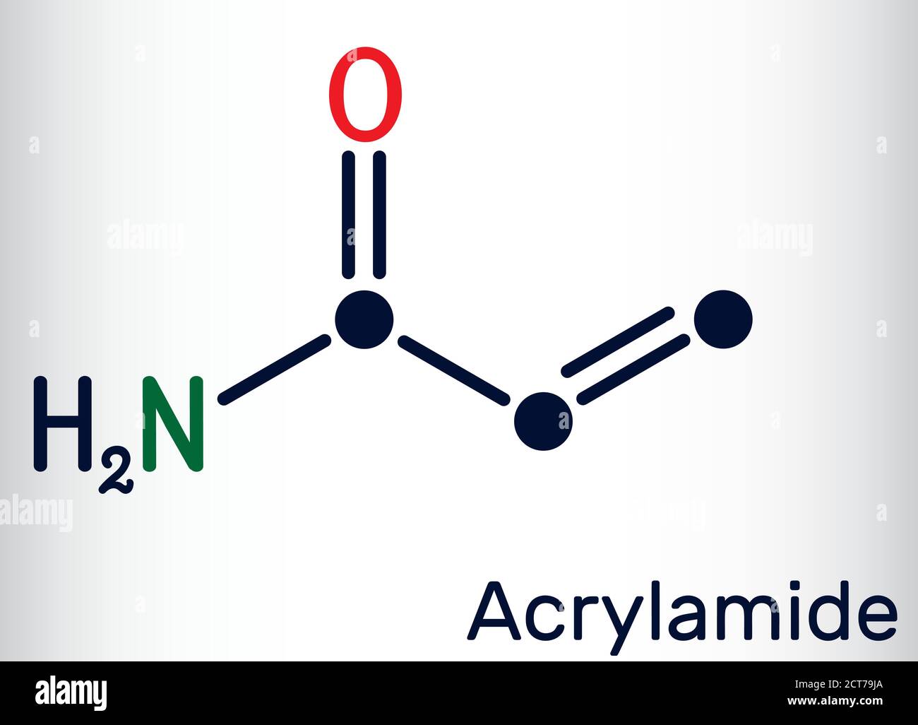Acrylamid, ACR, Acrylamid-Molekül. Es ist als Vorläufer von Polyacrylamiden. Chemische Formel des Skeletts. Vektorgrafik Stock Vektor