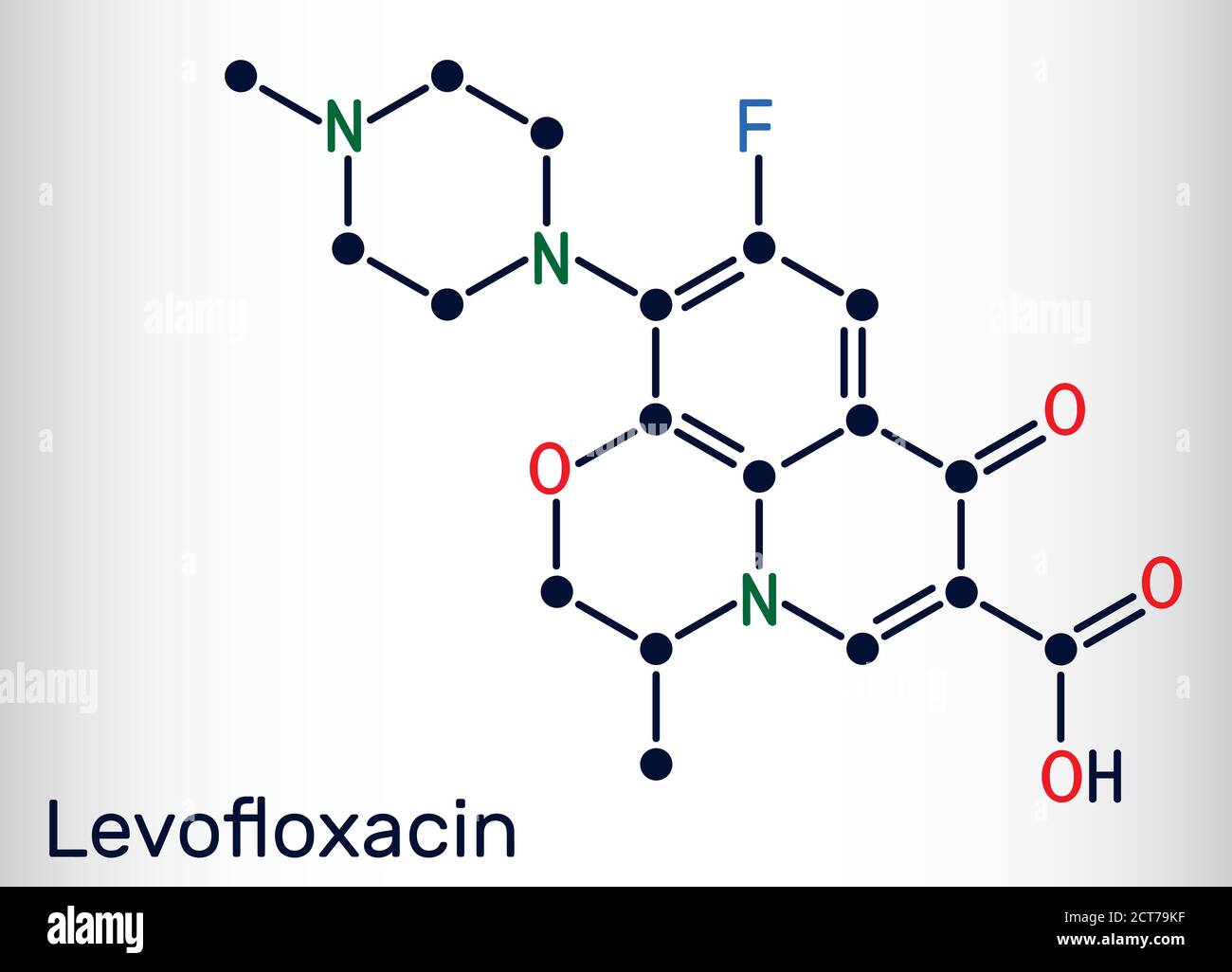 Levofloxacin, Fluorchinolon Antibiotikum Molekül. Es wird verwendet, um bakterielle Sinusitis, Lungenentzündung zu behandeln. Chemische Formel des Skeletts. Vektorgrafik Stock Vektor