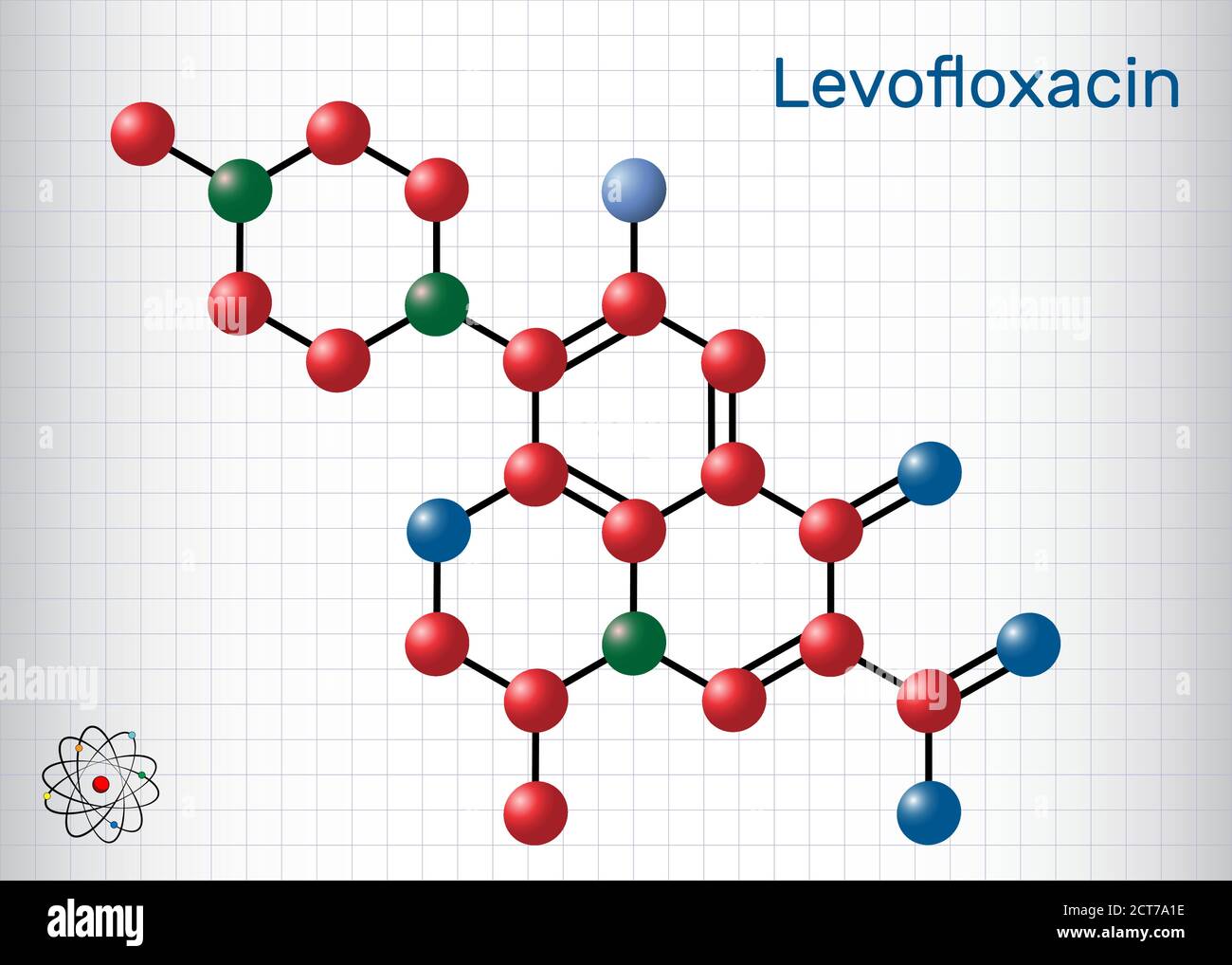 Levofloxacin, Fluorchinolon Antibiotikum Molekül. Es wird verwendet, um bakterielle Sinusitis, Lungenentzündung zu behandeln. Strukturelle chemische Formel und Molekülmodell. Stock Vektor
