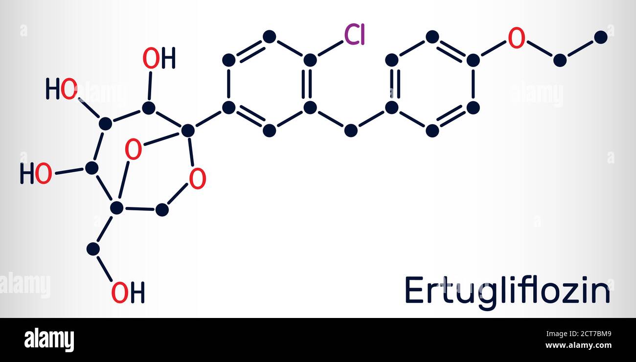 Ertugliflozin-Molekül. Es ist ein Medikament zur Behandlung von Diabetes. Chemische Formel des Skeletts. Vektorgrafik Stock Vektor