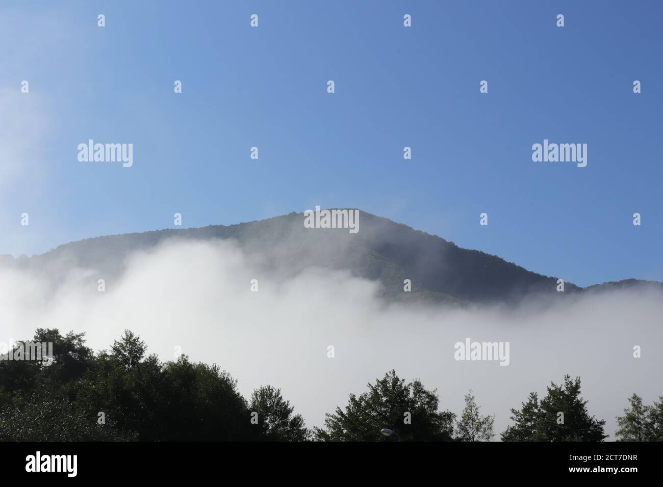 Morgennebel und die Spitze des Berges in der Hintergrund Stockfoto