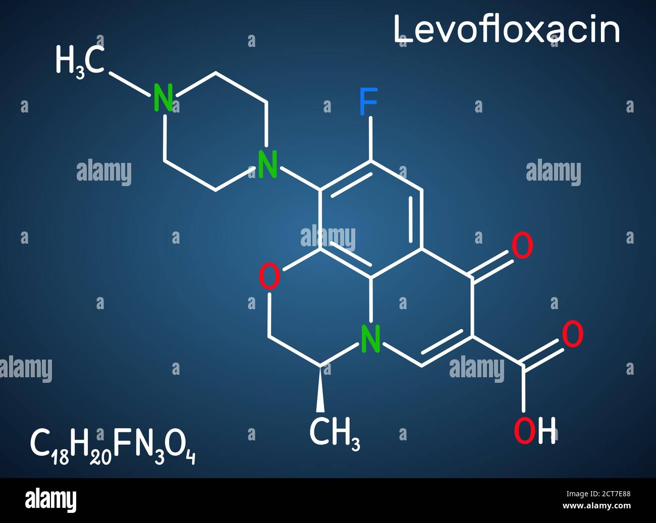 Levofloxacin, Fluorchinolon Antibiotikum Molekül. Es wird verwendet, um bakterielle Sinusitis, Lungenentzündung zu behandeln. Strukturelle chemische Formel auf der dunkelblauen BA Stock Vektor