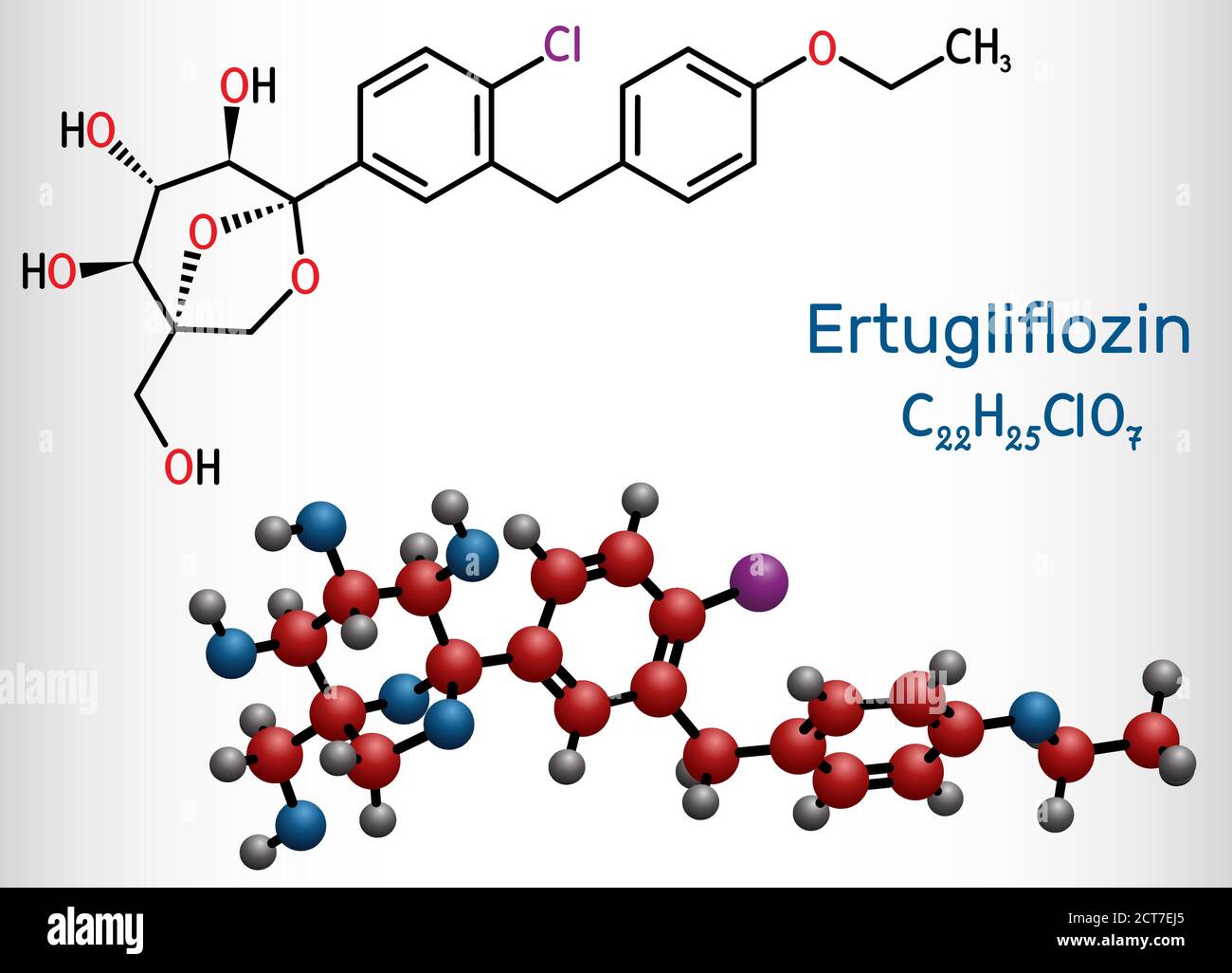 Ertugliflozin-Molekül. Es ist ein Medikament zur Behandlung von Diabetes. Strukturelle chemische Formel und Molekülmodell. Vektorgrafik Stock Vektor