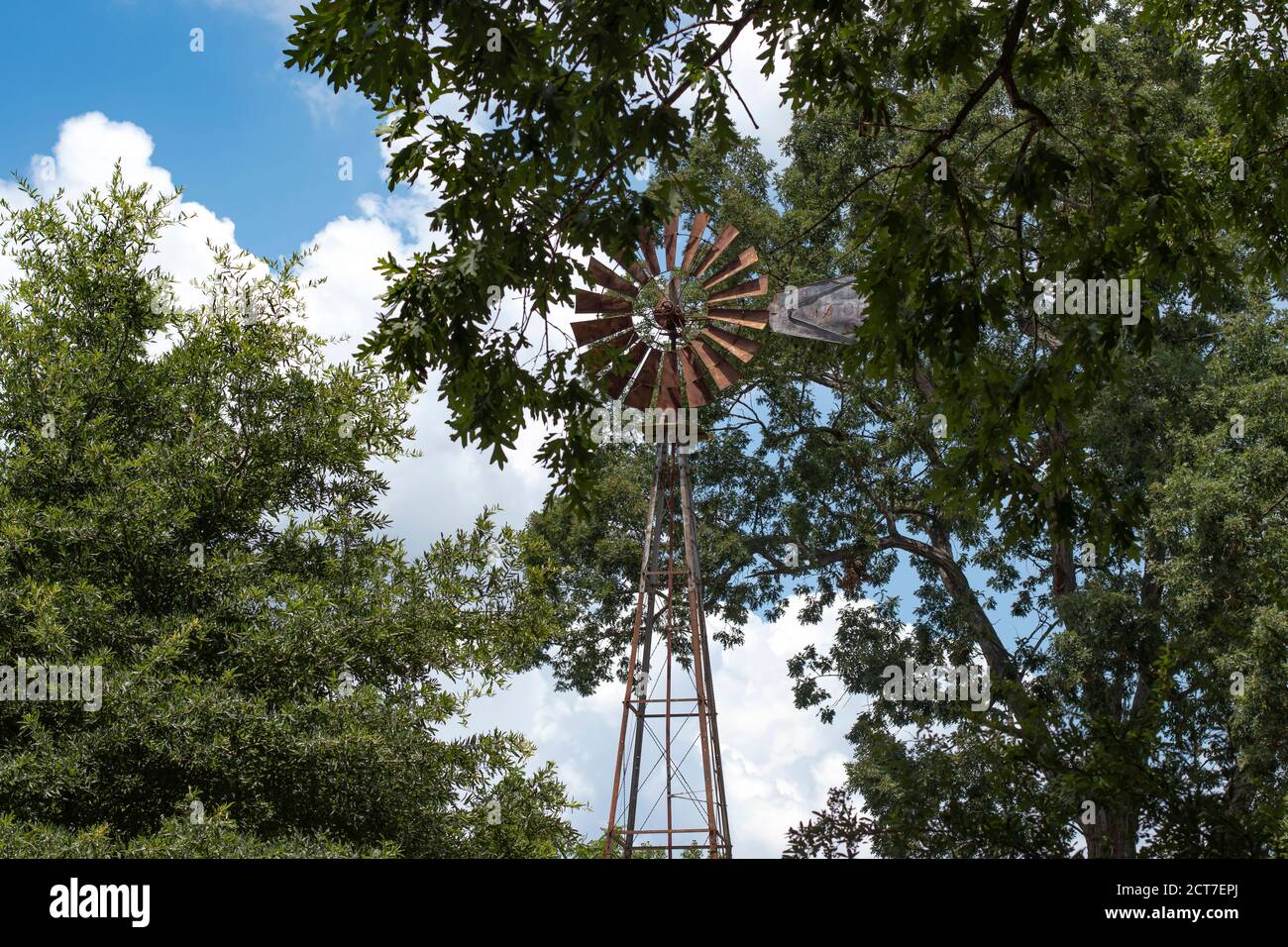 Alte antike Aermotor Windmühle verwendet, um Wasser für Rinder zu Pumpen Auf einer Ranch oder Farm Stockfoto