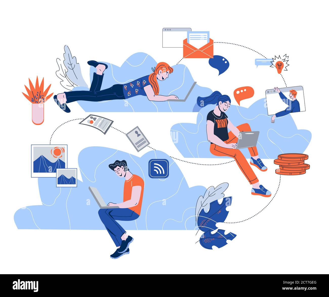 Cloud-Computing mit Menschen mit verbundenen mobilen Geräten Cartoon-Vektor-Illustration. Stock Vektor