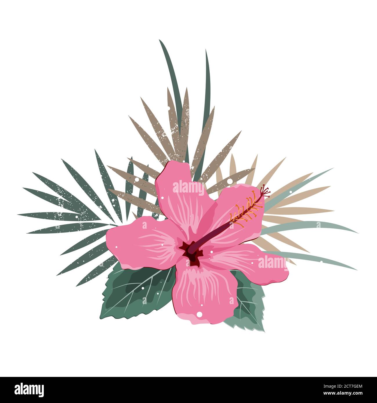 Bouquet Komposition mit rosa Hibiskusblüte und Palmblättern, flache Vektorgrafik. Tropische exotische Hawaii-Pflanzen isoliert auf weiß, Pastell Stock Vektor