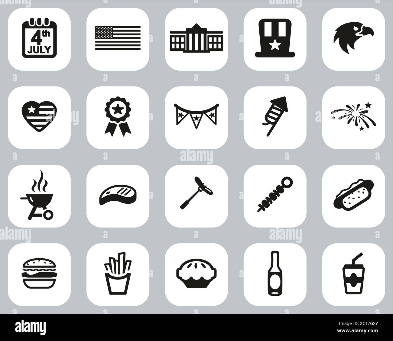 4. Juli Icons Black & White Flat Design Set Groß Stock Vektor