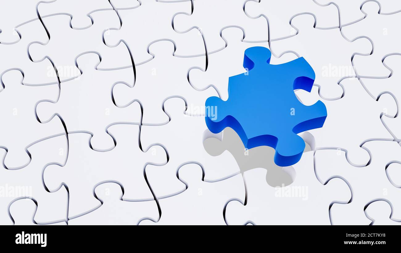 Fehlende blaue Stück Abschluss eines weißen Puzzle. Rätselraten, Lösungen, IQ-Konzepte. Horizontale 3D-Rendering-Illustration mit Kopierraum. Stockfoto