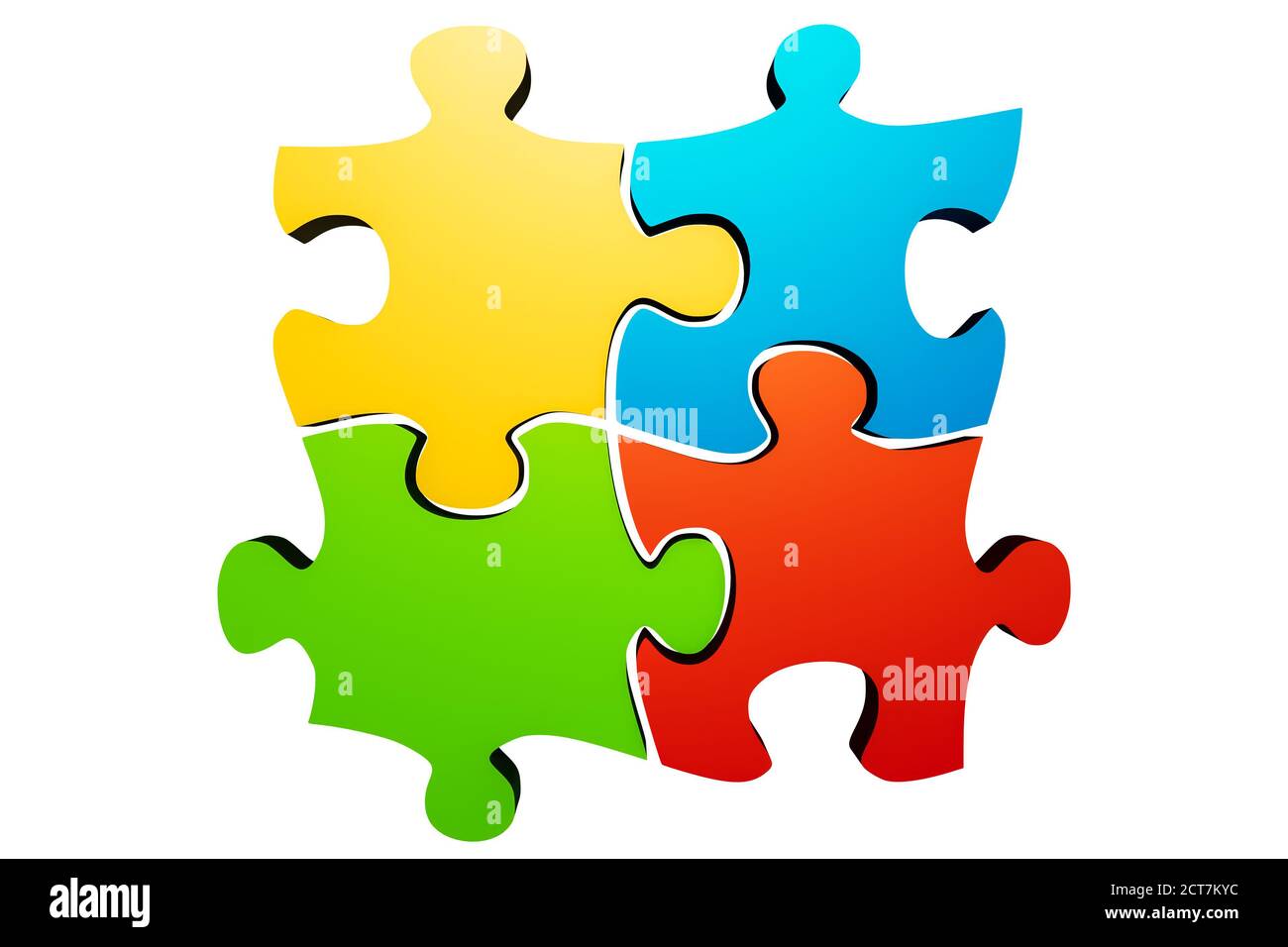 Verbunden bunte Puzzle Teile oder Teile isoliert auf einem weißen Hintergrund. Teamarbeit, Teambildung, Solidarität, Synergie, Zusammenarbeit, Lösung Stockfoto