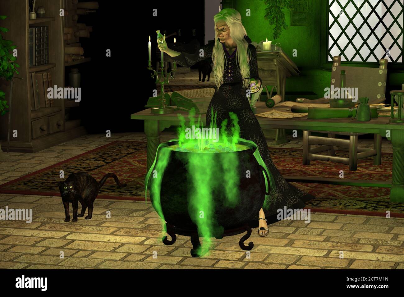 Halloween Hexe - EINE Hexe überlegt, ob sie Kröten-Schleimsaft in ihr grünes Kessel-Gebräu steckt oder nicht, als eine schwarze Katze ausflippt. Stockfoto