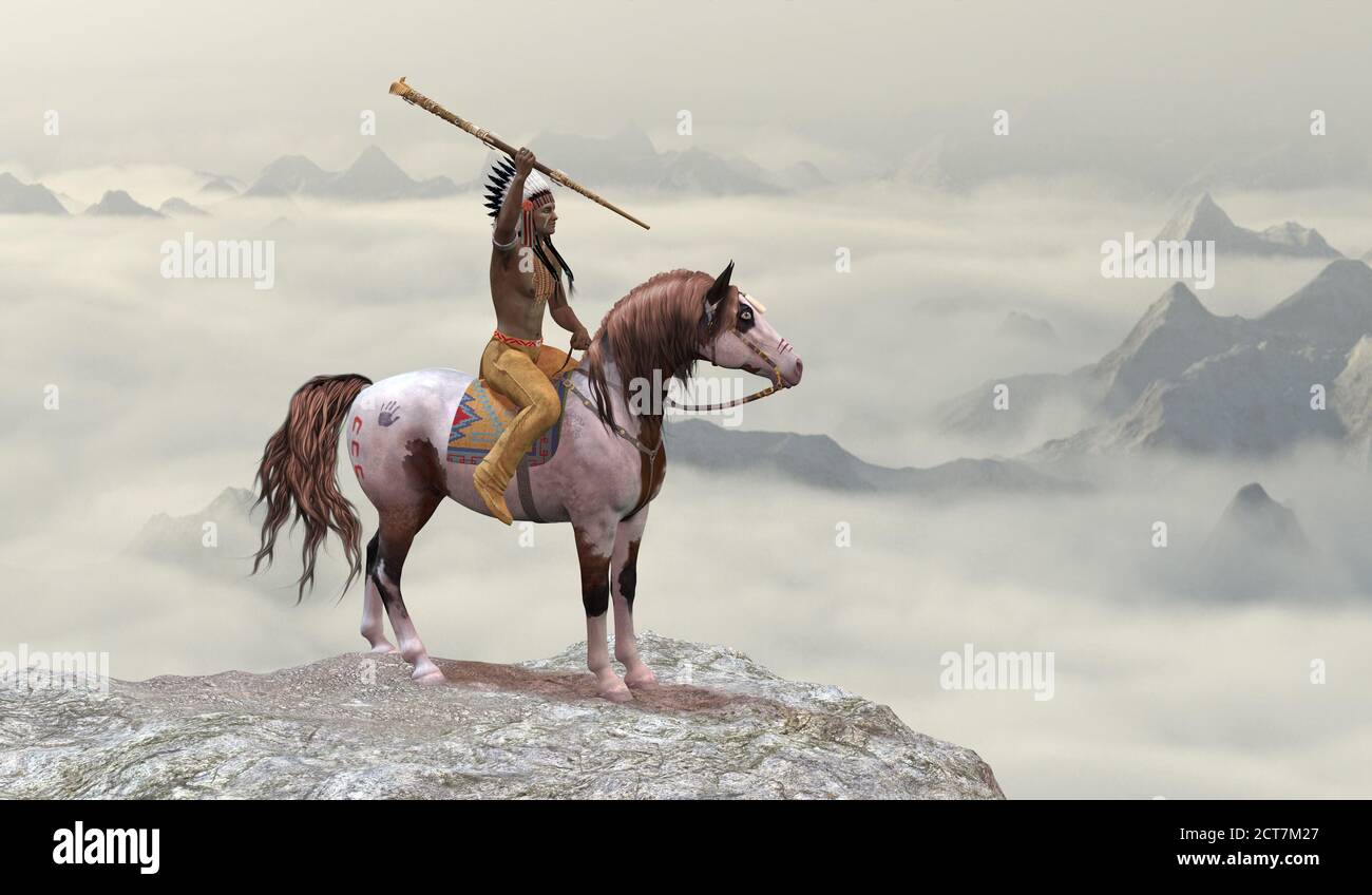 Indian Leaping Bear - ein amerikanischer Inder in warbonnet reitet sein Kriegsponyreiten auf die Spitze einer Klippe in der westlichen Bergkette. Stockfoto