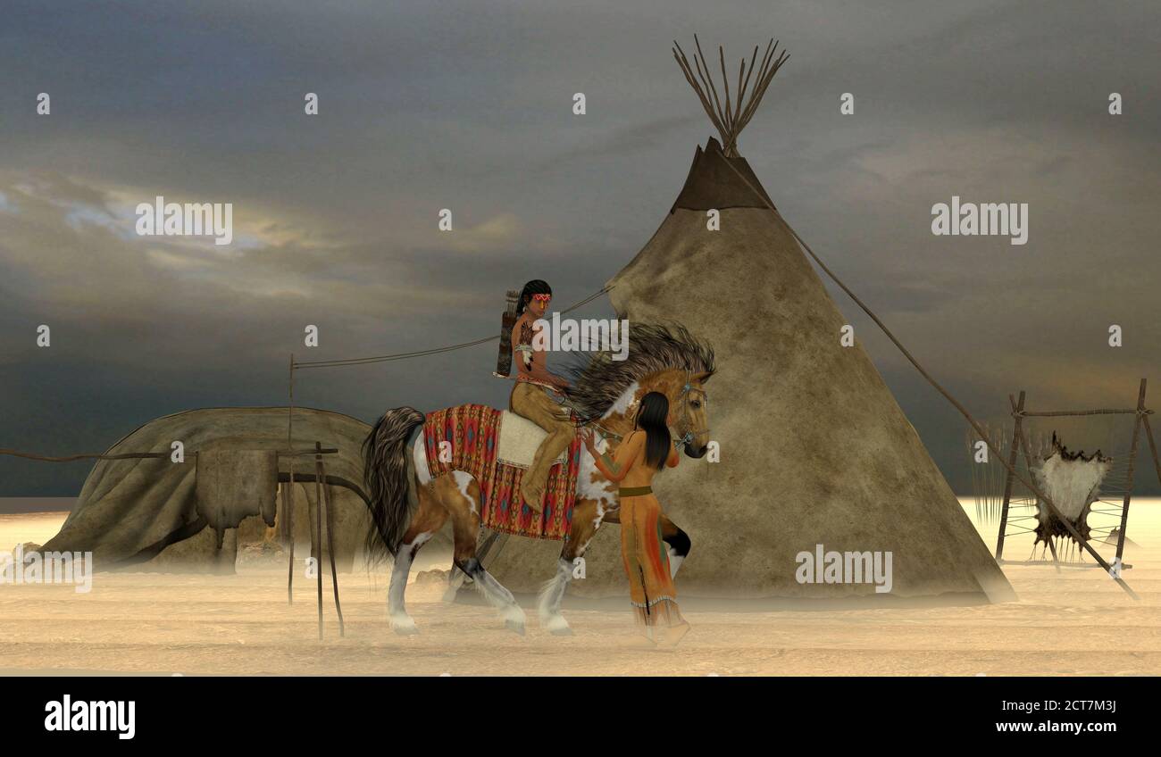 Indian Windrider - ein amerikanischer Inder tapfere reitet, um Spiel für seine Familie an einem bewölkten Tag mit Bodennebel zu finden. Stockfoto