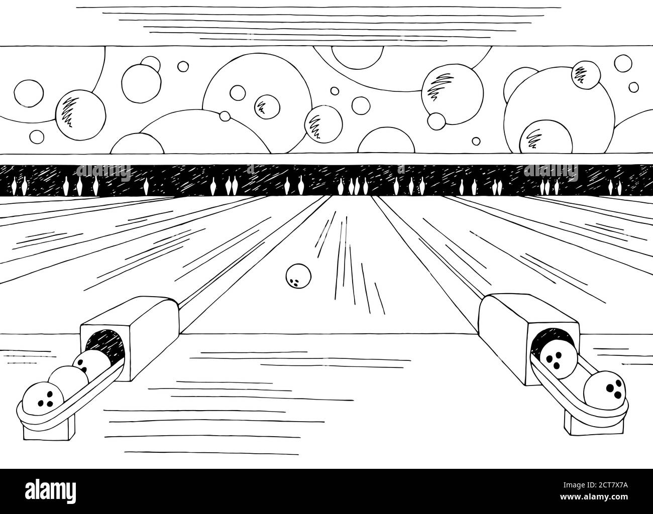 Bowling Innenraum Grafik schwarz weiß Skizze Illustration Vektor Stock Vektor