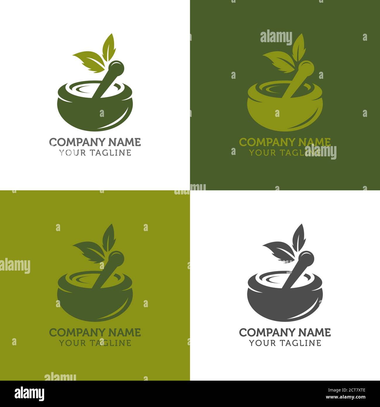 Mörtel und Stößel Vektor-Design stellt Kräutermedizin, Apotheke Logo, Zeichen und Symbole Stock Vektor