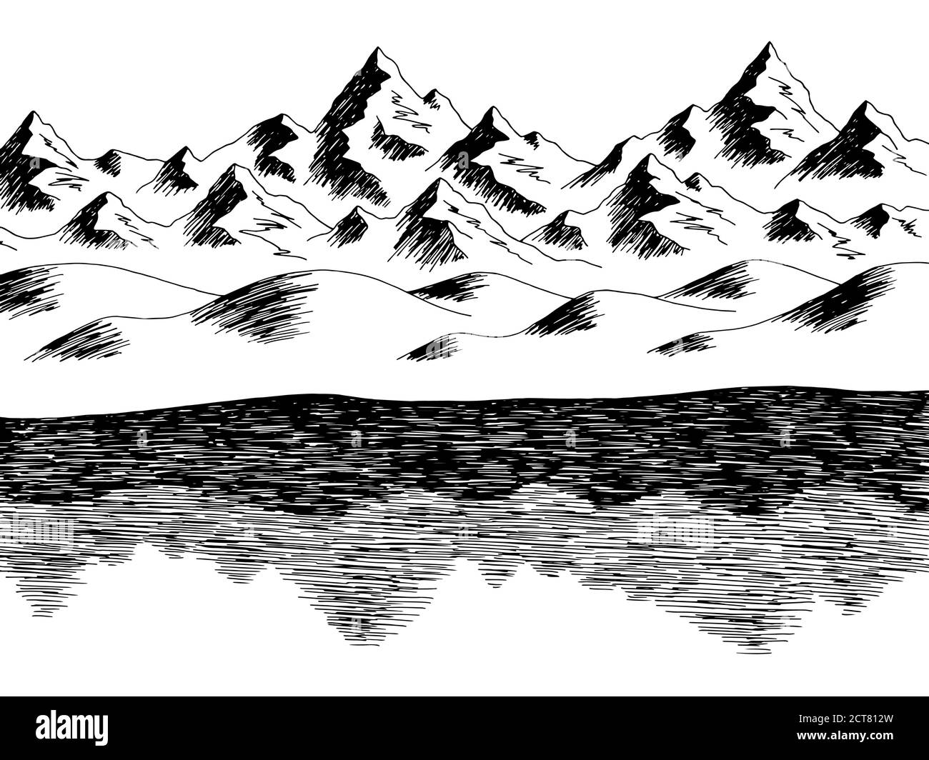 Berg See Grafik schwarz weiß Landschaft Skizze Illustration Vektor Stock Vektor