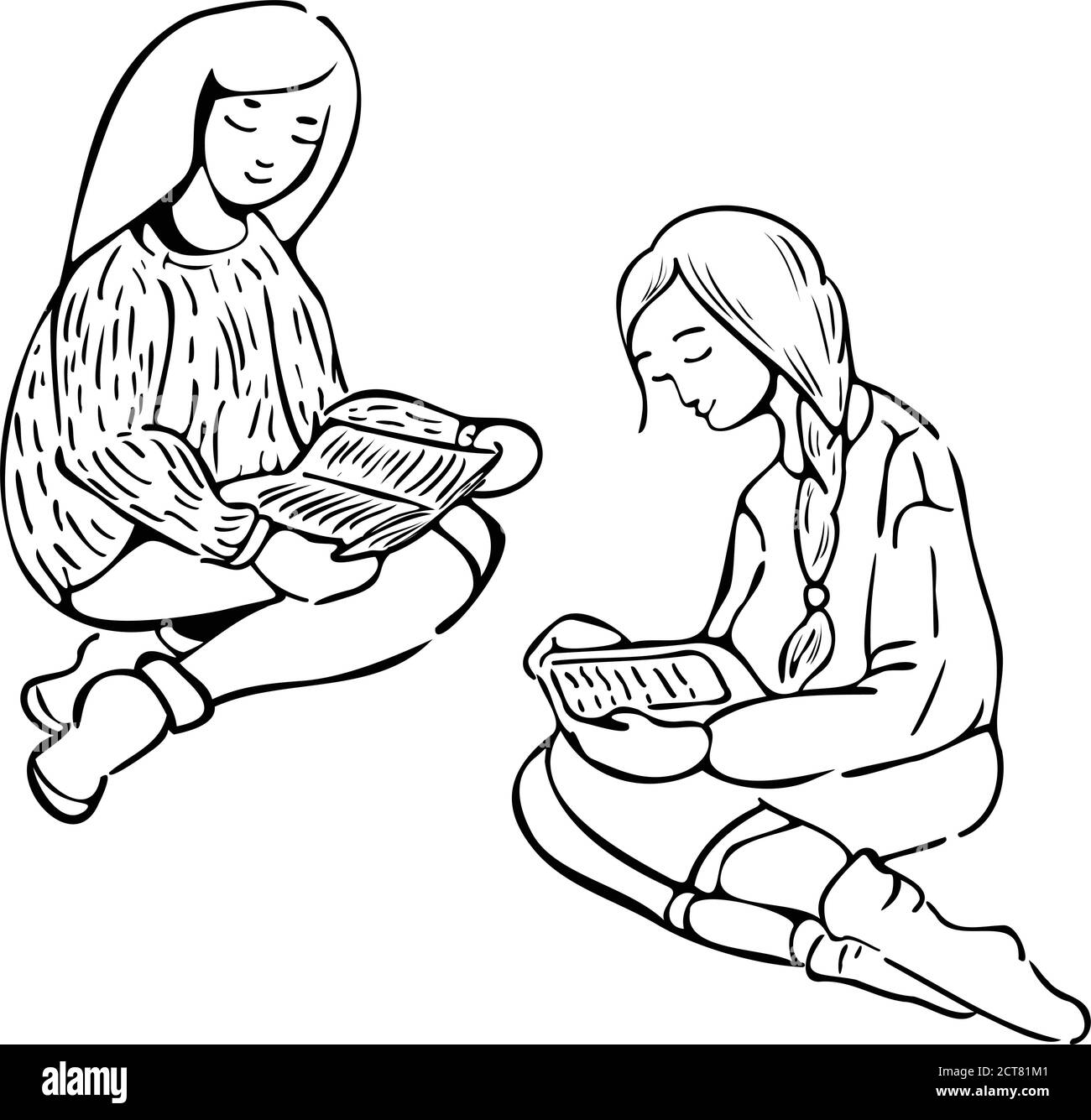 Zwei Mädchen, die Bücher lesen. Schwarz-Weiß-Vektor-Illustration von zwei weiblichen Zeichen lesen Papier und elektronische Bücher. Silhouette Abbildung in m Stock Vektor