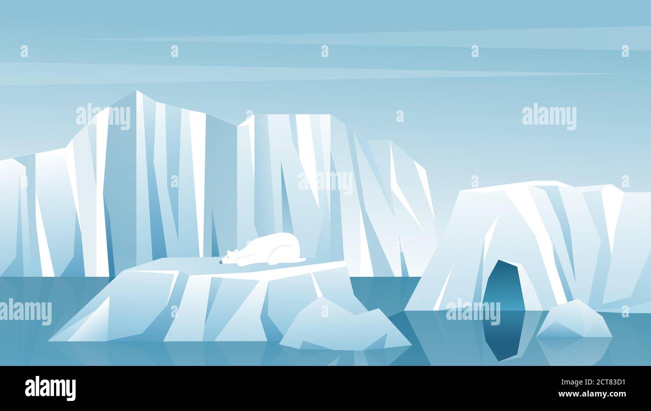 Antarktische Landschaftsdarstellung. Cartoon Natur Winter arktischen Eisberg, Schnee Berge Hügel, landschaftlich nördlichen eisigen Natur Hintergrund. Stock Vektor
