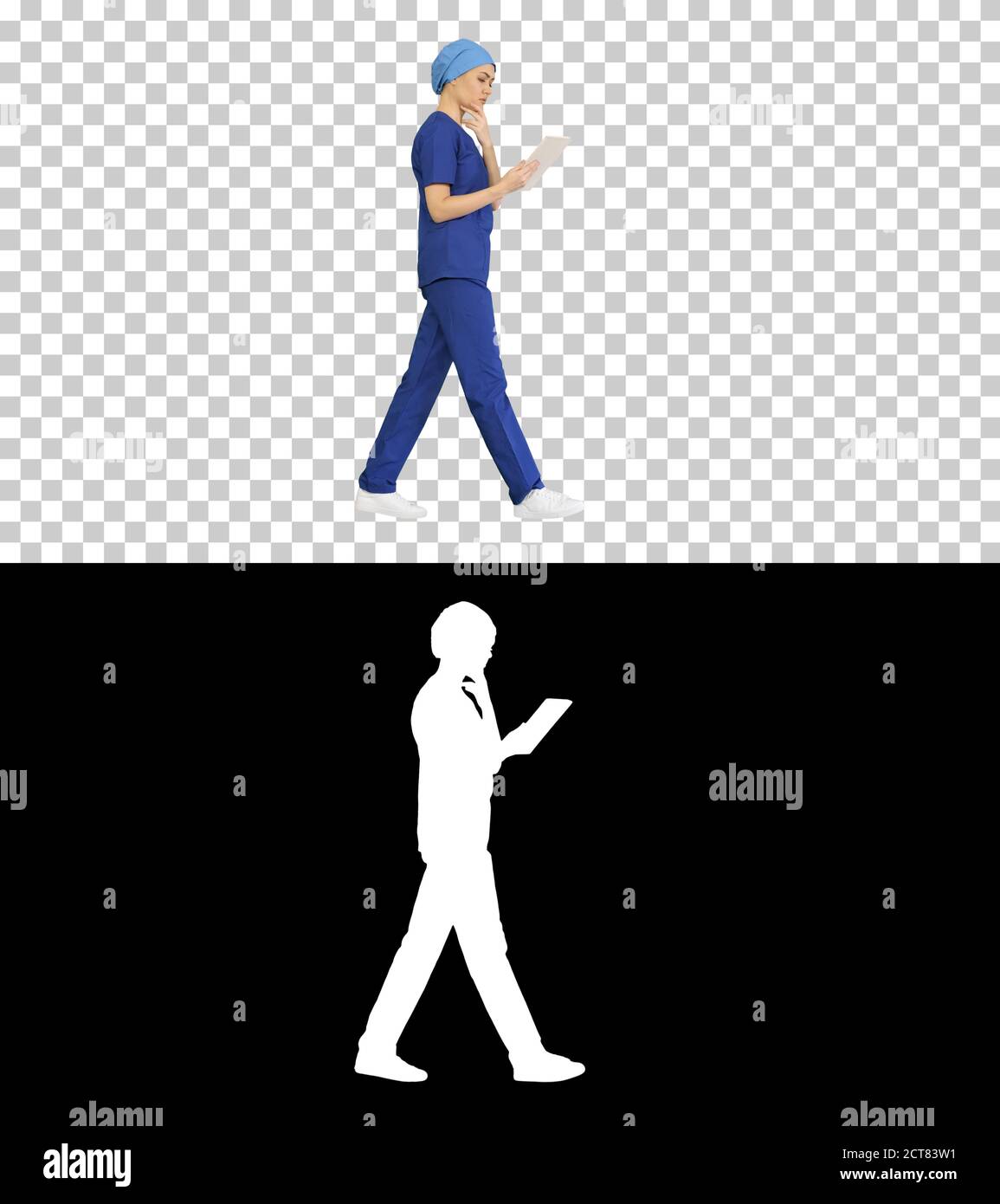 Junge Frau Arzt oder Krankenschwester in Scrubs mit einem Touchscreen Komput Stockfoto