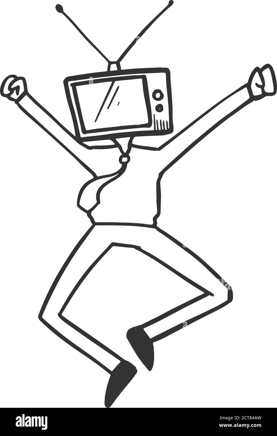 Geschäftsmann mit Fernsehkopf. Geschäftskonzept. Handgezeichnete Vektorgrafik. Stock Vektor