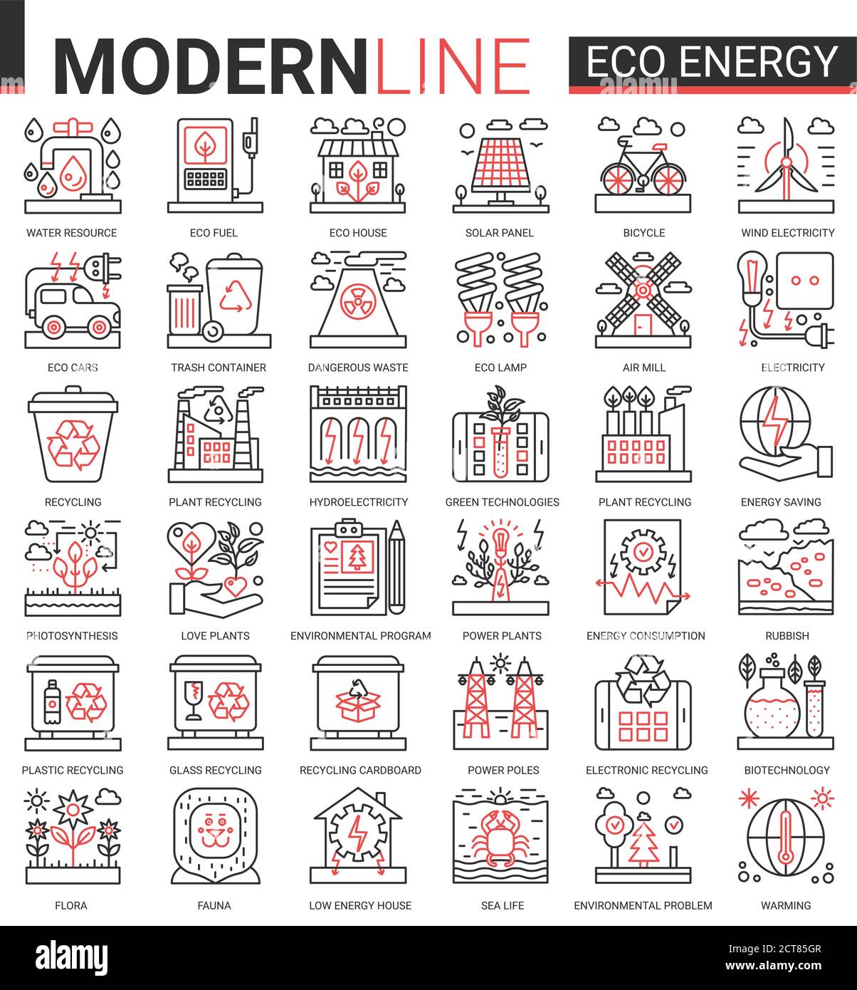 Eco Energy Complex Concept Icon Vektorset. Red black Thin line Website Design Sammlung von ökologischen Problemen lineare Symbole, Umwelt-Ökosystem-Schutz und grüne Abfälle Recycling-Technologie Stock Vektor