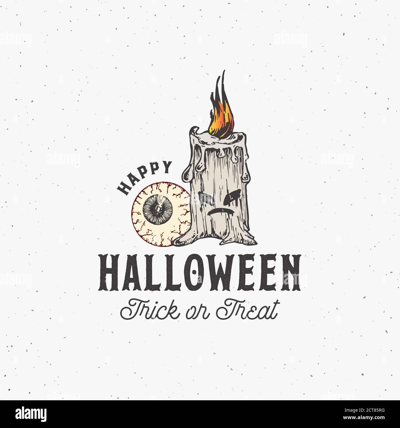 Trick or Treat Vintage Style Halloween Logo oder Label Vorlage. Handgezeichnetes Auge und Evil Candle Sketch Symbol und Retro Typografie. Schäbige Struktur Stock Vektor