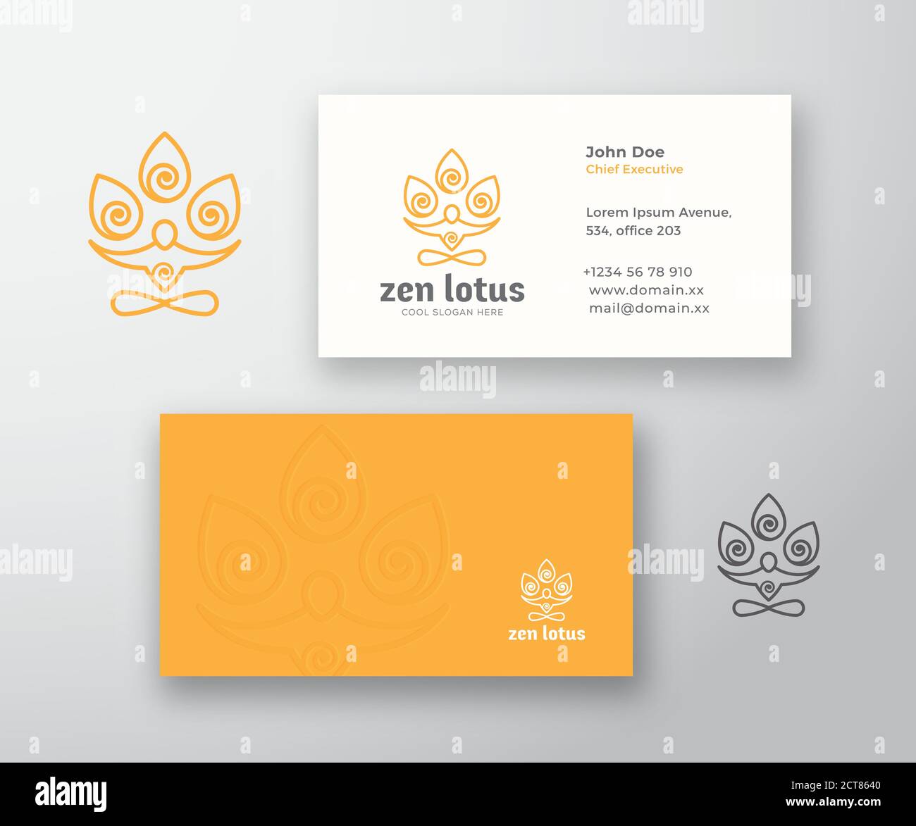 Zen Lotus Logo und Visitenkarte Vorlage. Meditation oder Yoga Symbol. Stilisierte Person Figur mit Blume Elemente. Stationärer Realistischer Mock Up. Stock Vektor