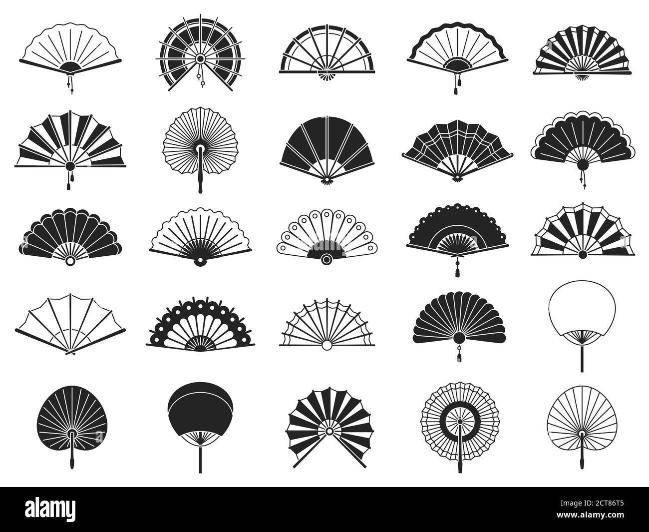 Handgebläse. Schwarze Silhouetten von chinesischen, japanischen Papier Falten Hand Fans, traditionelle asiatische Dekoration und Souvenir Vektor isoliert gesetzt. Chinesisches f Stock Vektor