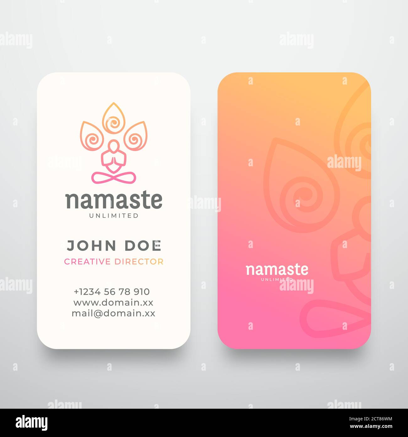 Yoga Namaste Konzept Logo und Visitenkarte Vorlage. Meditation oder Yoga Symbol. Meditierende Person Silhouette mit grenzenlosem Symbol und Typografie Stock Vektor