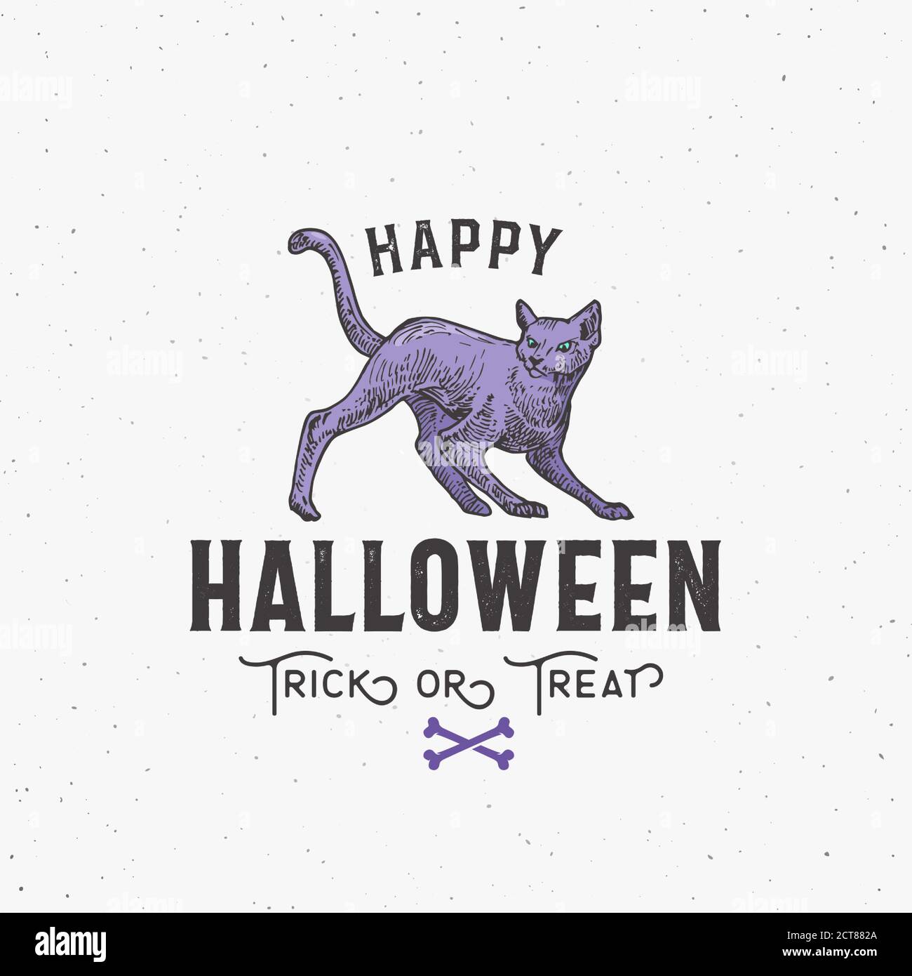 Happy Halloween Zeichen, Logo oder Label Vorlage. Handgezeichnetes farbenfrohes Cat Sketch-Symbol mit Retro-Typografie. Schäbige Texturen. Stock Vektor