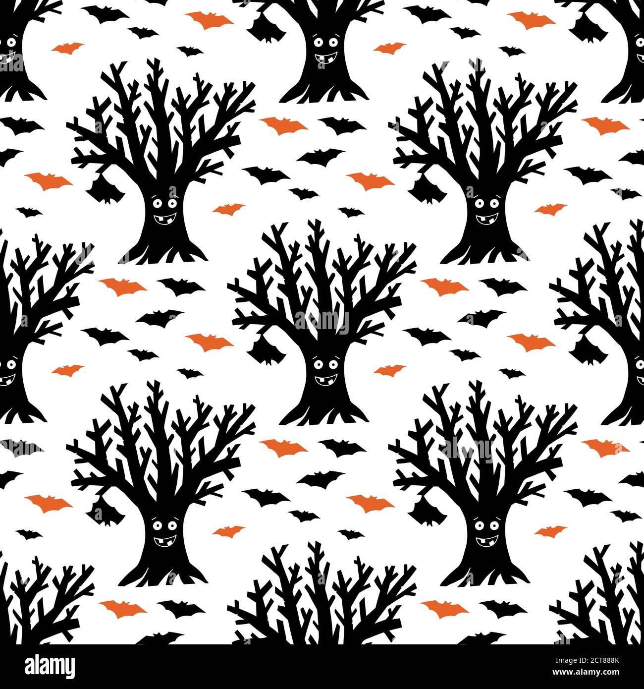 Trockener lustiger Baum mit hängenden und fliegenden Fledermäusen. Halloween Nahtloses Muster. Isoliert auf weißem Hintergrund. Vektorgrafik. Stock Vektor