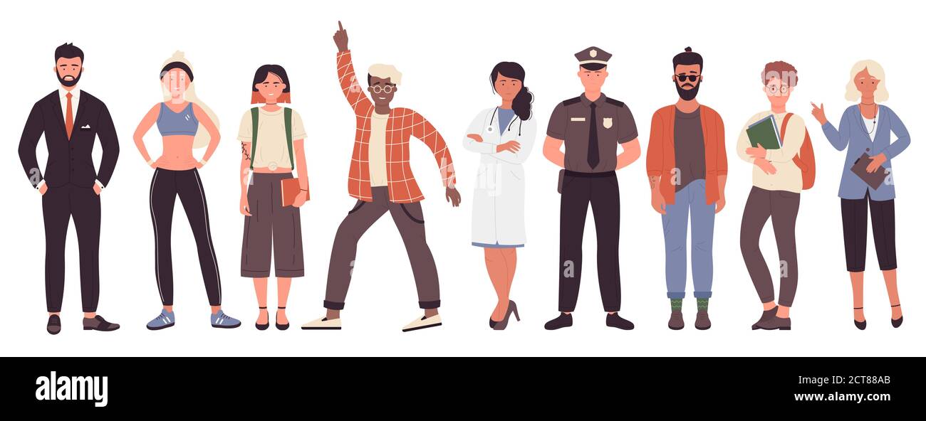Verschiedene Job oder Hobby Menschen Vektor Illustration Set. Cartoon flache Sammlung mit Mann Frau Arbeiter Gruppe von Charakteren in Uniform, Geschäftsmann Polizist Arzt Fitness-Trainer isoliert auf weiß Stock Vektor