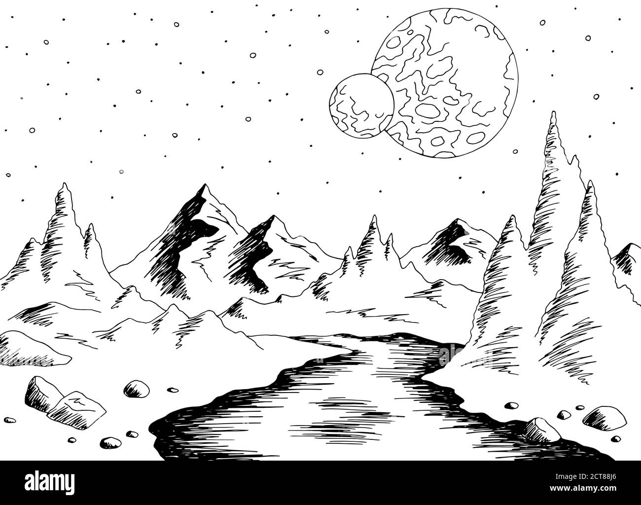 Alien Planet Fluss Grafik schwarz weiß Raum Landschaft Skizze Illustration vektor Stock Vektor
