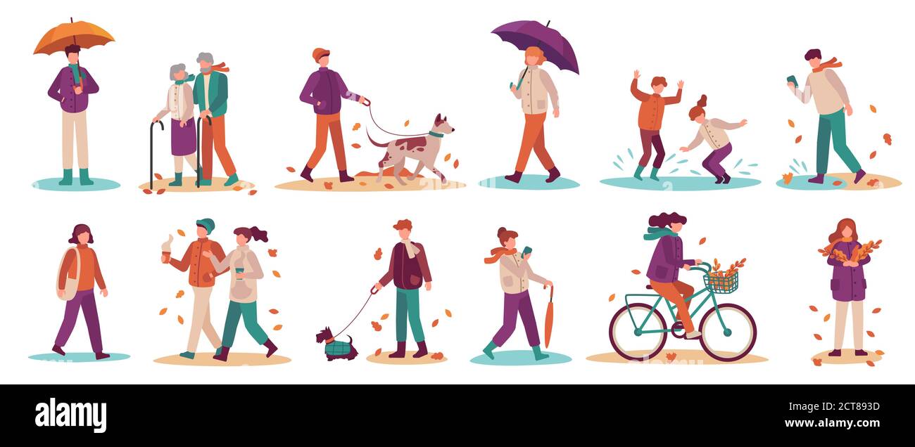 Menschen in der Herbstsaison. Männer und Frauen gehen Straße, Fahrrad fahren, Hund zu Fuß. Junge und Erwachsene Regenschirm im Herbst Park Vektor-Set. Illustration Frau A Stock Vektor
