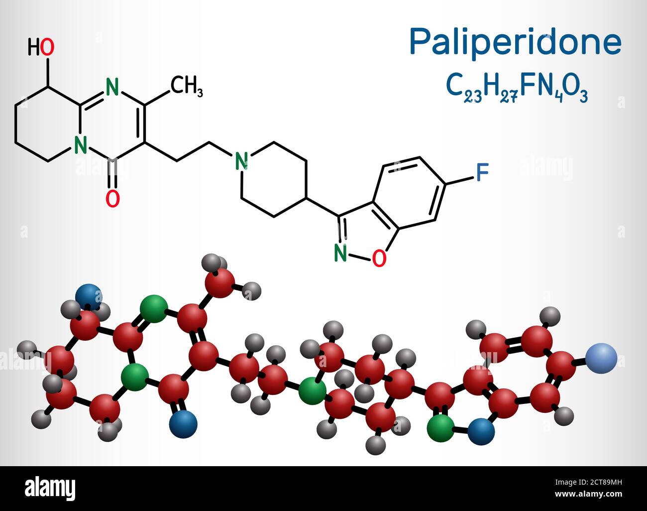 Paliperidon, 9-Hydroxyrisperidon-Molekül. Es ist ein atypischer antipsychotischer Wirkstoff, der bei der Behandlung von Schizophrenie verwendet wird. Strukturelle Chemikalie Stock Vektor