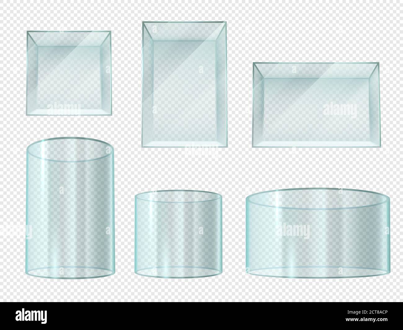 Glasbox. Transparente Kristallwürfel und Zylinder leere Vitrinen. Museumsstand, expo Prism Sockel isoliert realistische 3d-Vektor-Set. Abbildung: Cub Stock Vektor