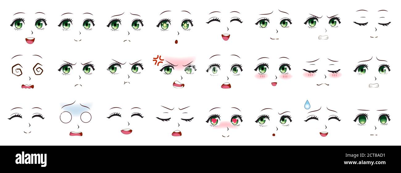 Manga-Ausdruck. Anime Mädchen Gesichtsausdrücke. Augen, Mund und Nase, Augenbrauen im japanischen Stil. Manga Frau Emotionen Cartoon Vektor-Set. Illustrati Stock Vektor
