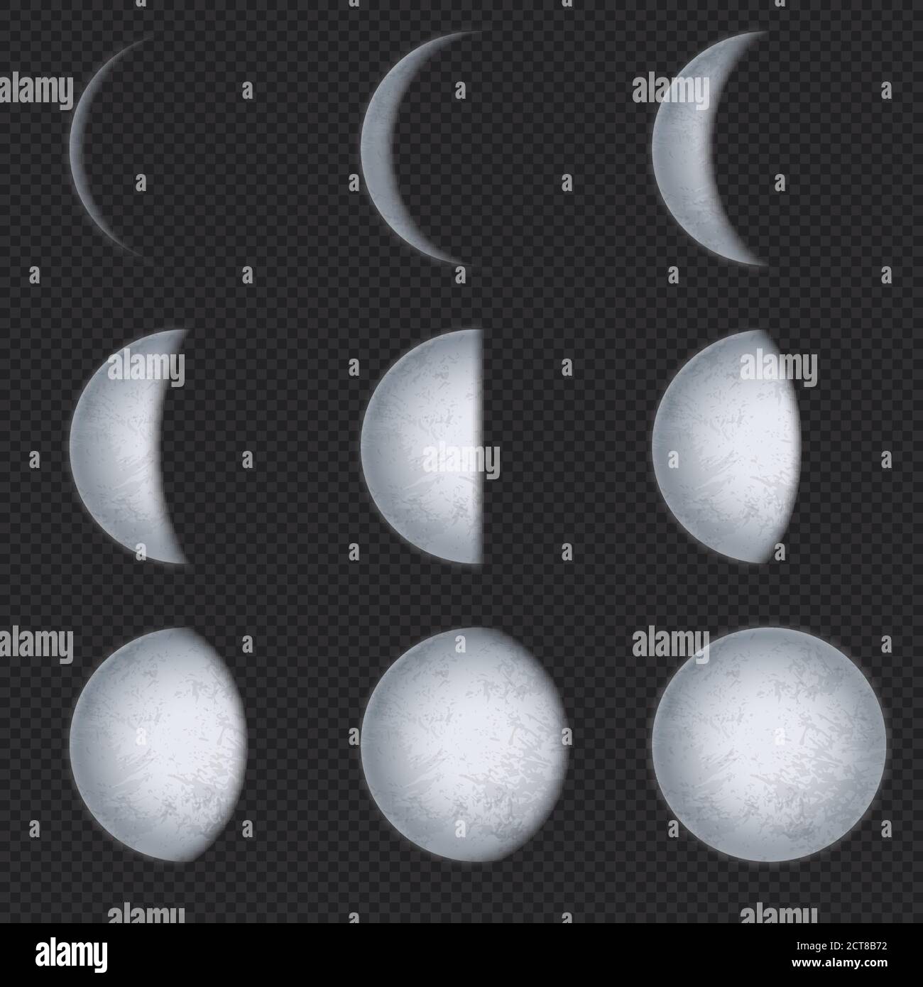 Realistische Mondphasen. Mondphase, volle luna und neue Mondsichel mit Nachthimmel. Erde Satellitenoberfläche mit Textur astronomischen Vektor-Set. Astronomie Stock Vektor