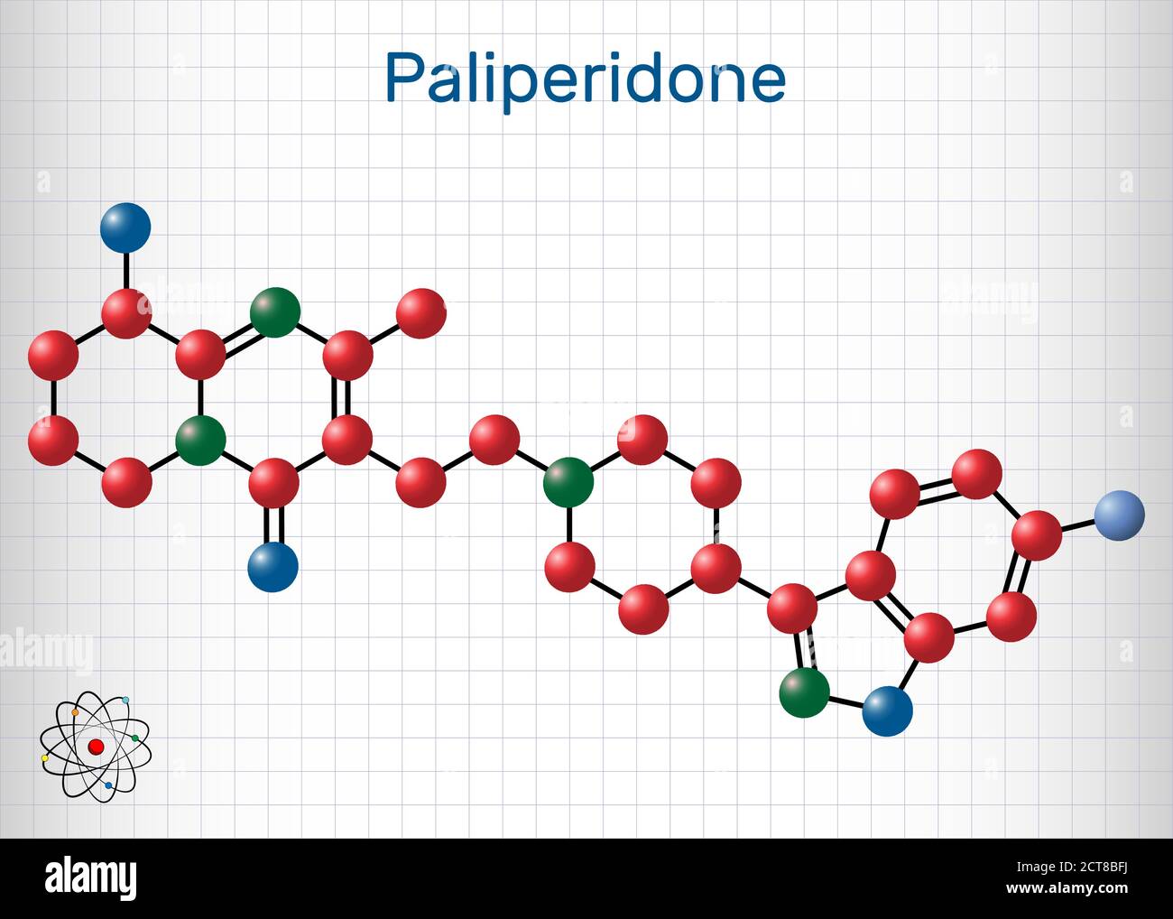 Paliperidon, 9-Hydroxyrisperidon-Molekül. Es ist ein atypischer antipsychotischer Wirkstoff, der bei der Behandlung von Schizophrenie verwendet wird. Blatt Papier in einer ca. Stock Vektor