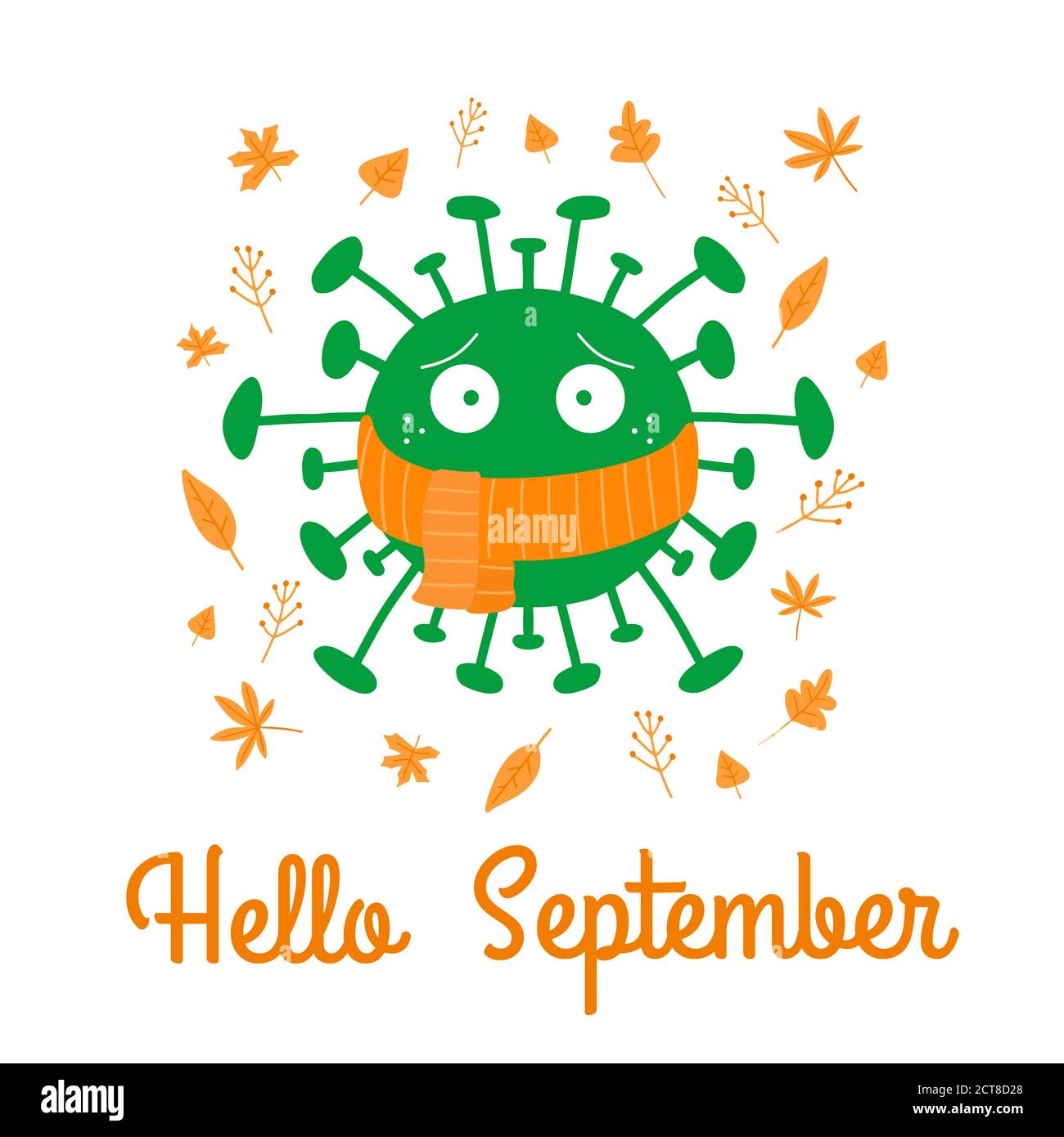 Hallo september. Cartoon Coronavirus Bakterien in orange Schal mit Herbstblättern. Isoliert auf weißem Hintergrund. Vektorgrafik. Stock Vektor