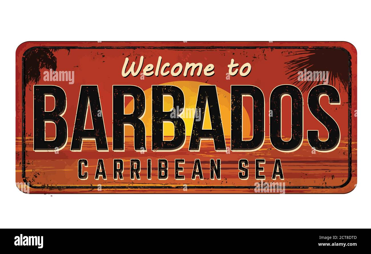 Willkommen bei Barbados vintage rostigen Metall-Schild auf einem weißen Hintergrund, Vektor-Illustration Stock Vektor