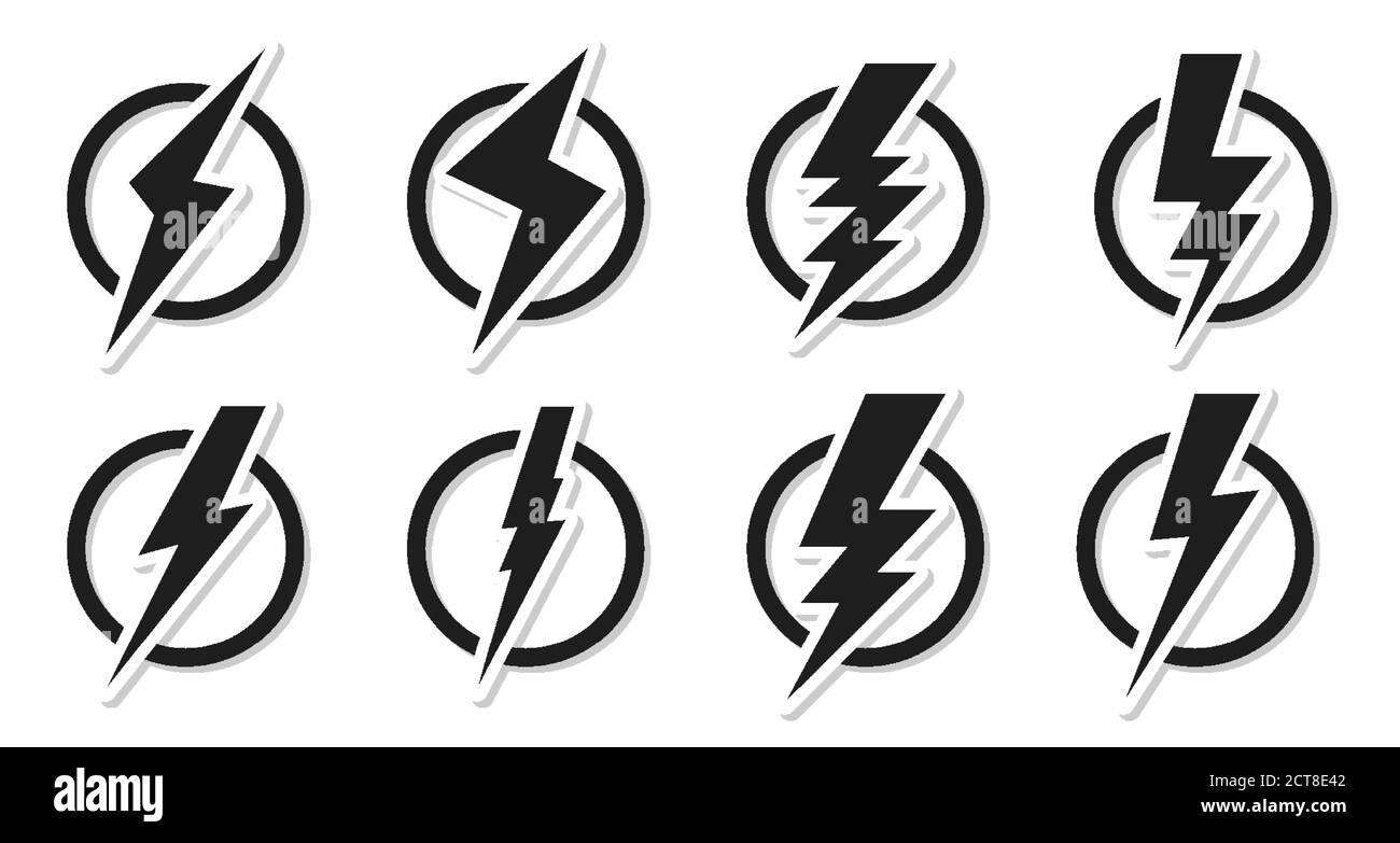 Satz schwarzer Blitzsymbole. Elektrischer Schlagschild Aufkleber im Kreis. Design-Logo Spannung Strom und Gefahr eines elektrischen Schlags. Symbol Energie und Donner Elektrizität isoliert Vektor Illustration Stock Vektor