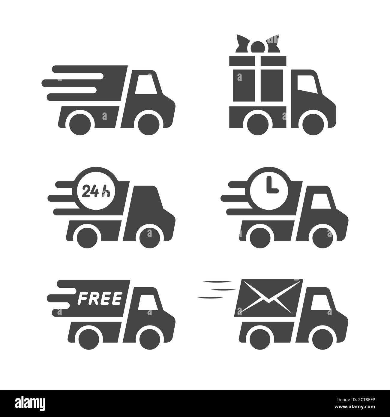 Lieferwagen schwarz Vektor Symbol gesetzt. LKW oder LKW, Fracht und Versand Symbole, schnelle Geschwindigkeit Marken, Geschenk-Box und kostenlose Symbol. Stock Vektor