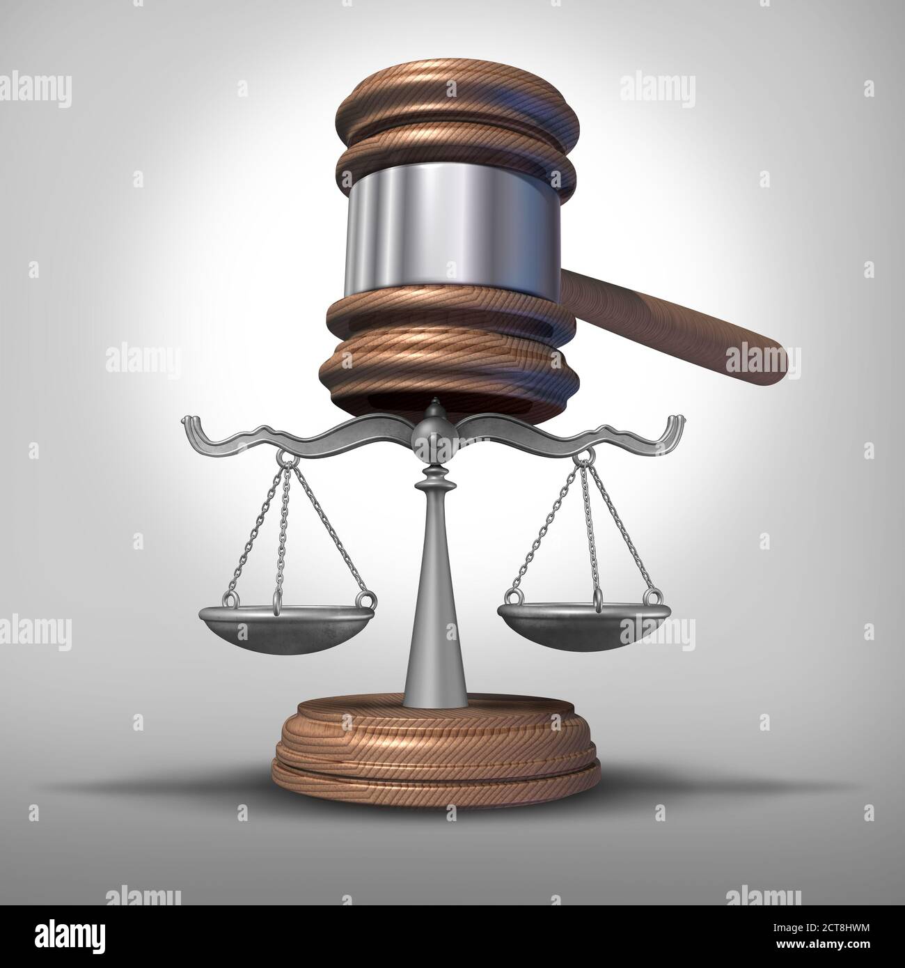 Rechtskonzept mit Rechtswaagen der Justiz mit als Rechts- oder Legalitätssymbol eines Richterklavels und Urteils mit 3D-Illustrationselementen. Stockfoto