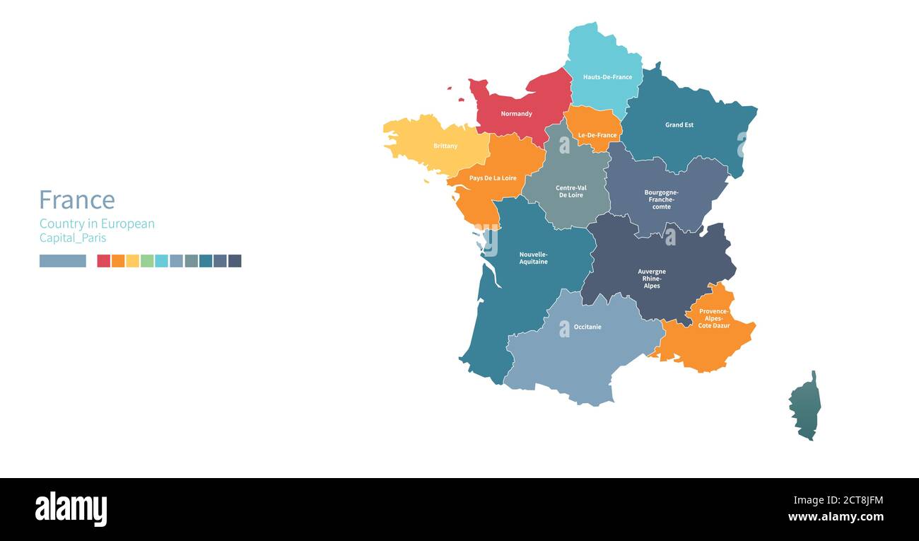 Frankreich-Karte. Bunte detaillierte Vektorkarte des europäischen Landes. Stock Vektor