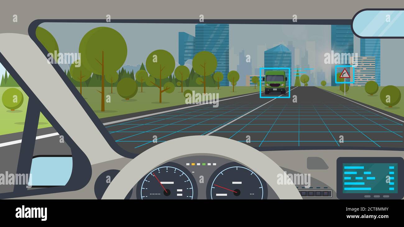 Innenraum des Fahrzeugs. Moderner Innenraum mit Lenkrad und Display. AI-Autopilot-Ansicht auf der Bildschirmanzeige. Autobahn zu Hügel, Stadt im Hintergrund. Autonom Stock Vektor