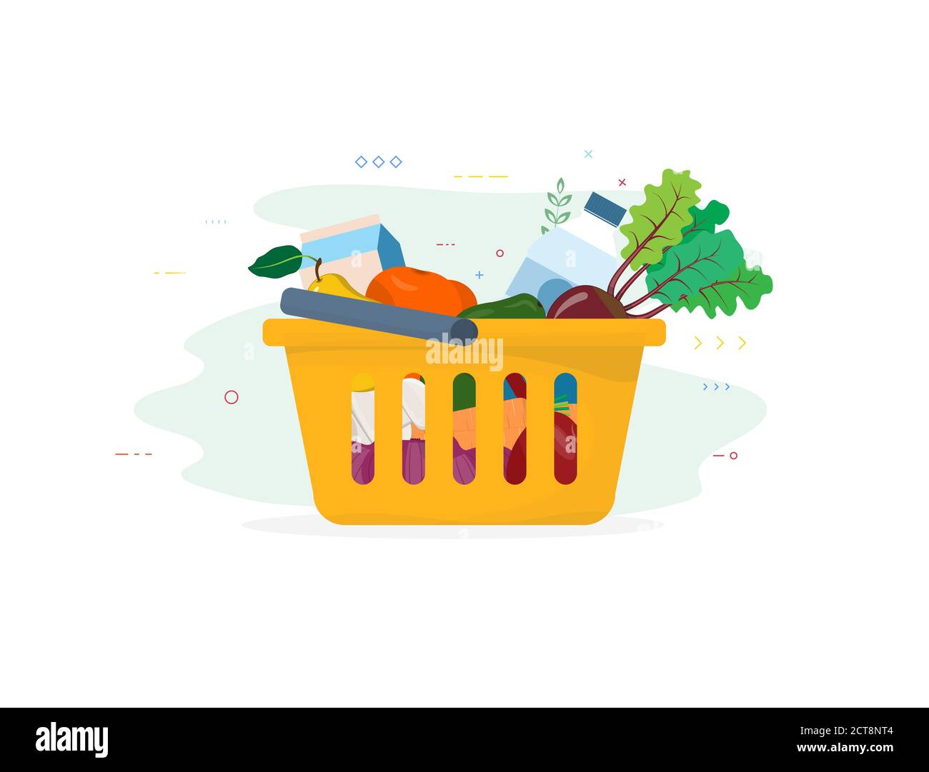 Warenkorb mit Gemüse und Obst. Wasserflasche, Milchbeutel und frische Lebensmittel vom lokalen Lebensmittelmarkt. Korb mit Essen und Trinken. Supermarkt Korb Stock Vektor