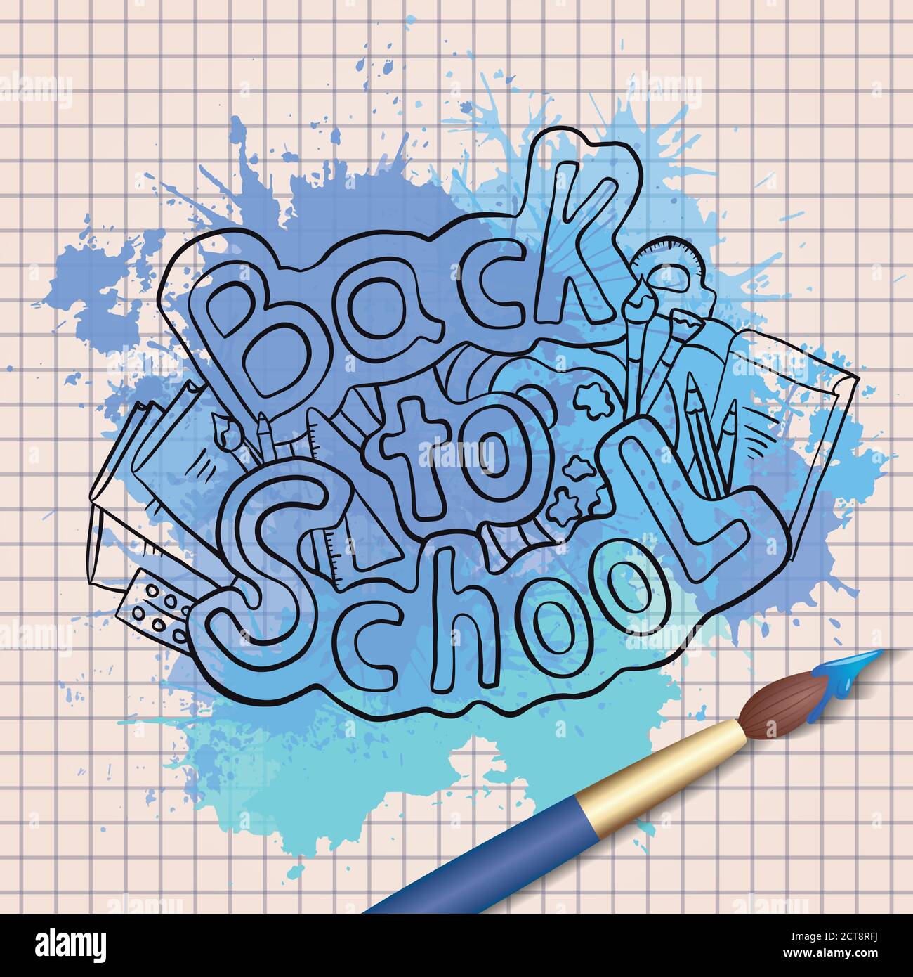 Doodle Text zurück in die Schule mit verschiedenen Schulbedarf und blauen Aquarell-Spritzer mit Aquarell-Pinsel. Kreativstudio, Kunstunterricht. Stock Vektor
