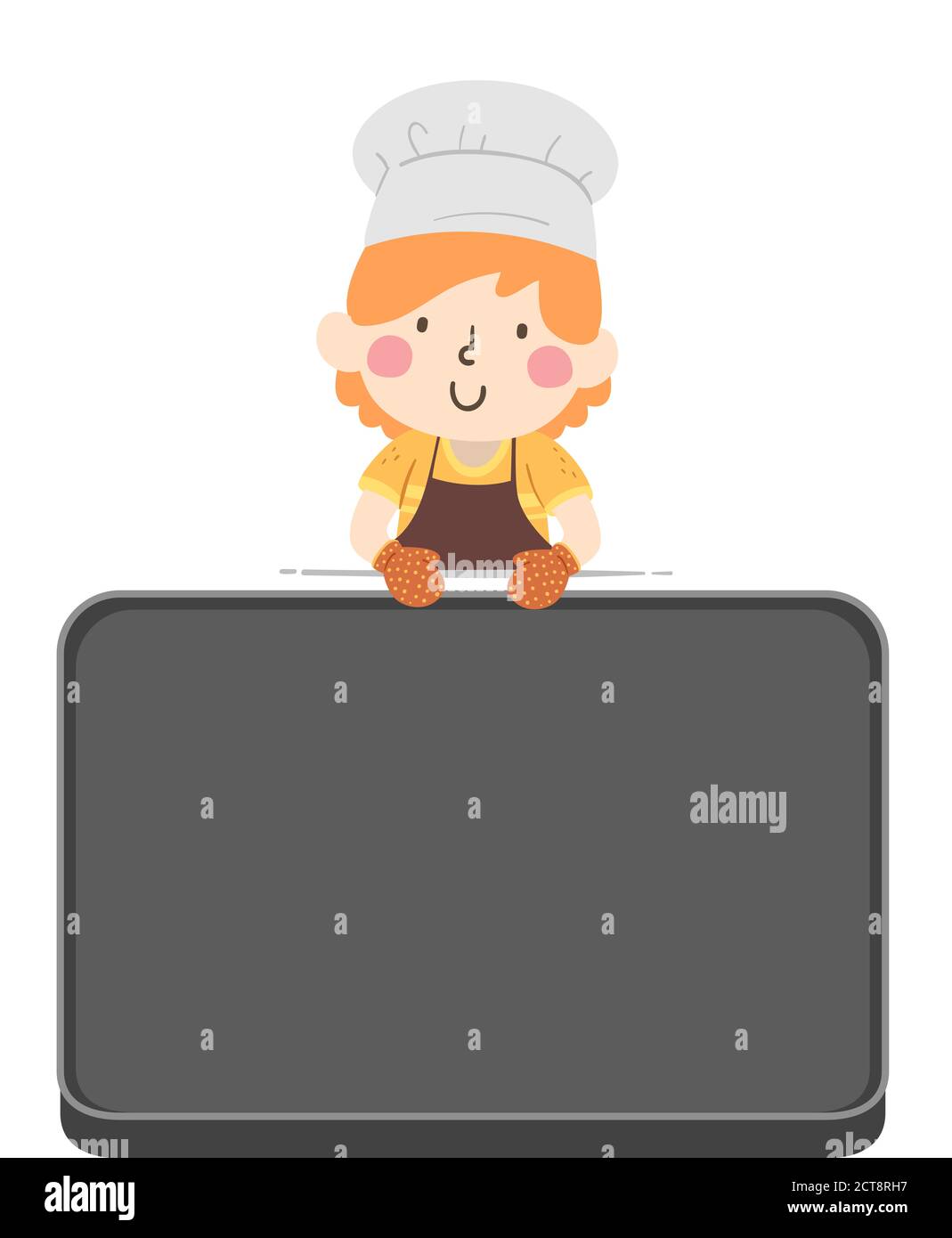 Illustration eines Mädchens, das Kochmütze, Schürze und Ofenhandschuhe trägt, die ein Tablett-Brett halten Stockfoto
